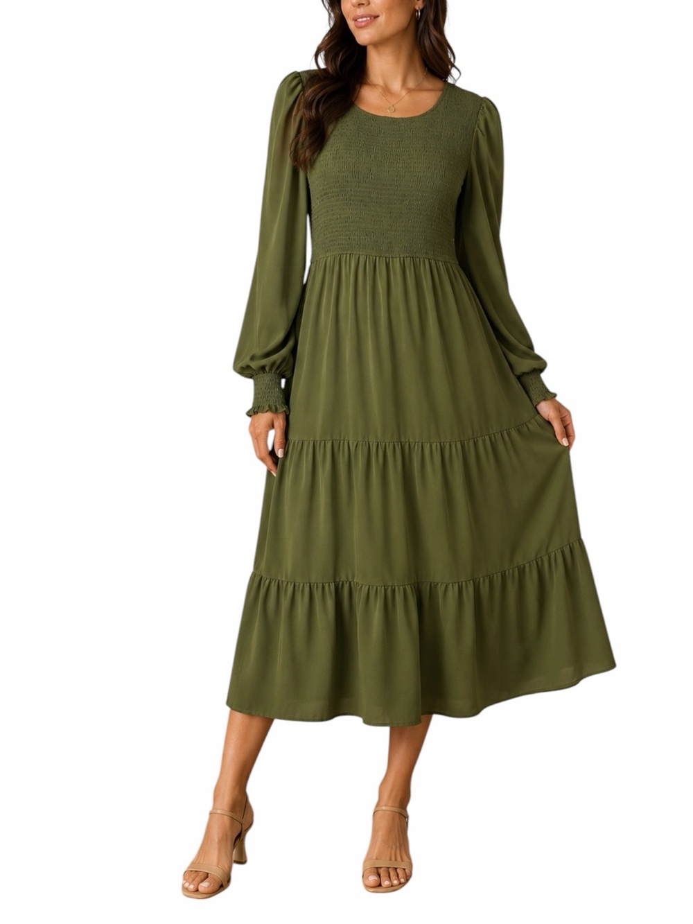 Kirundo Olive Green Smocked Tiered Midi Dress Size XXL Puff Sleeve Cottagecore
